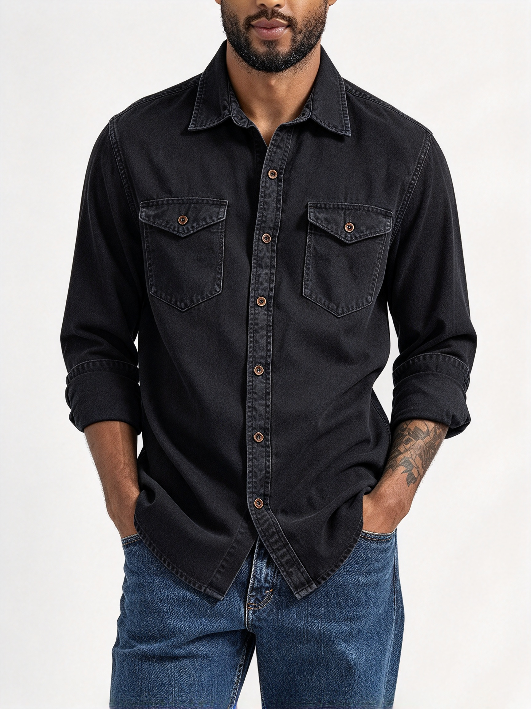 Men's Light Wash Denim Shirt | Classic Long Sleeve Button Down