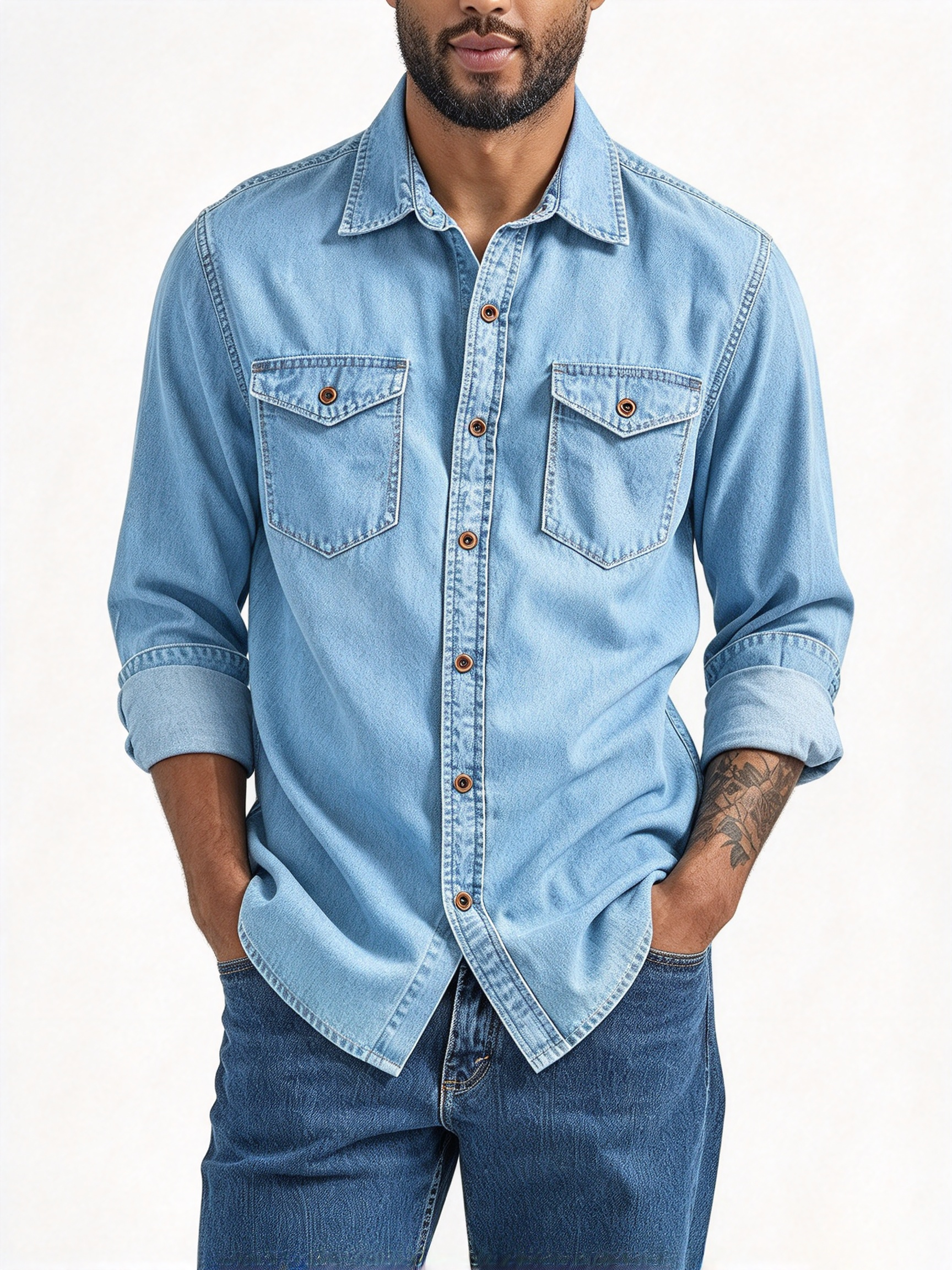 Men's Light Wash Denim Shirt | Classic Long Sleeve Button Down