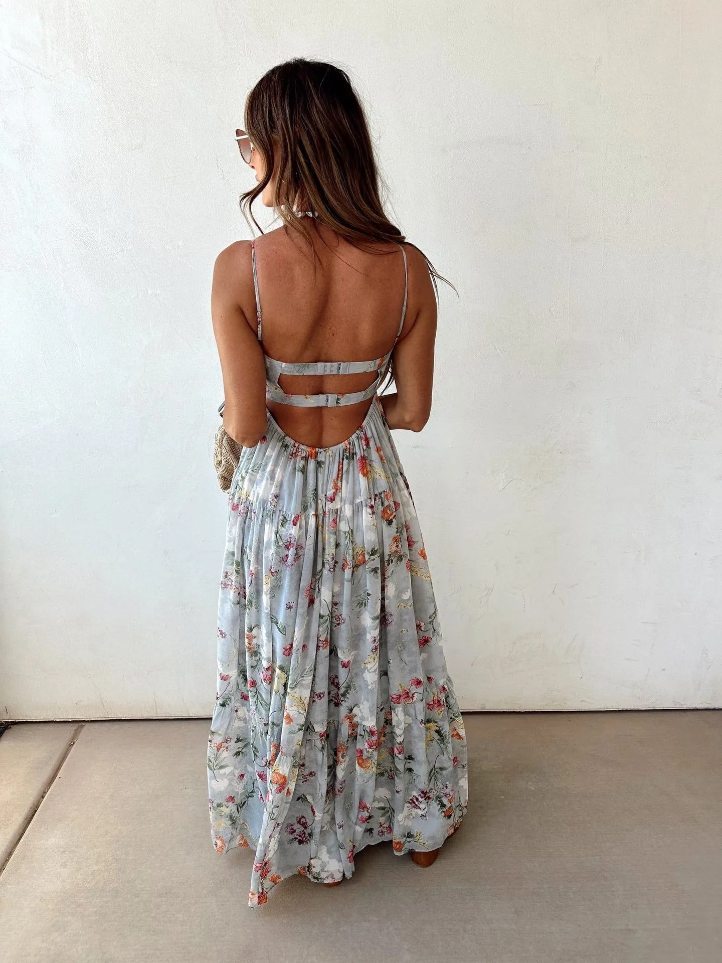 Bohemian Floral Print Chiffon Backless Wide Hem Loose Maxi Dress