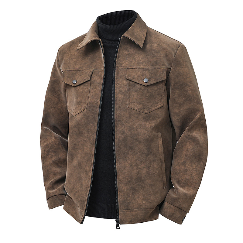 Men's Vintage-Style Suede Workwear Jacket with Lapel Collar