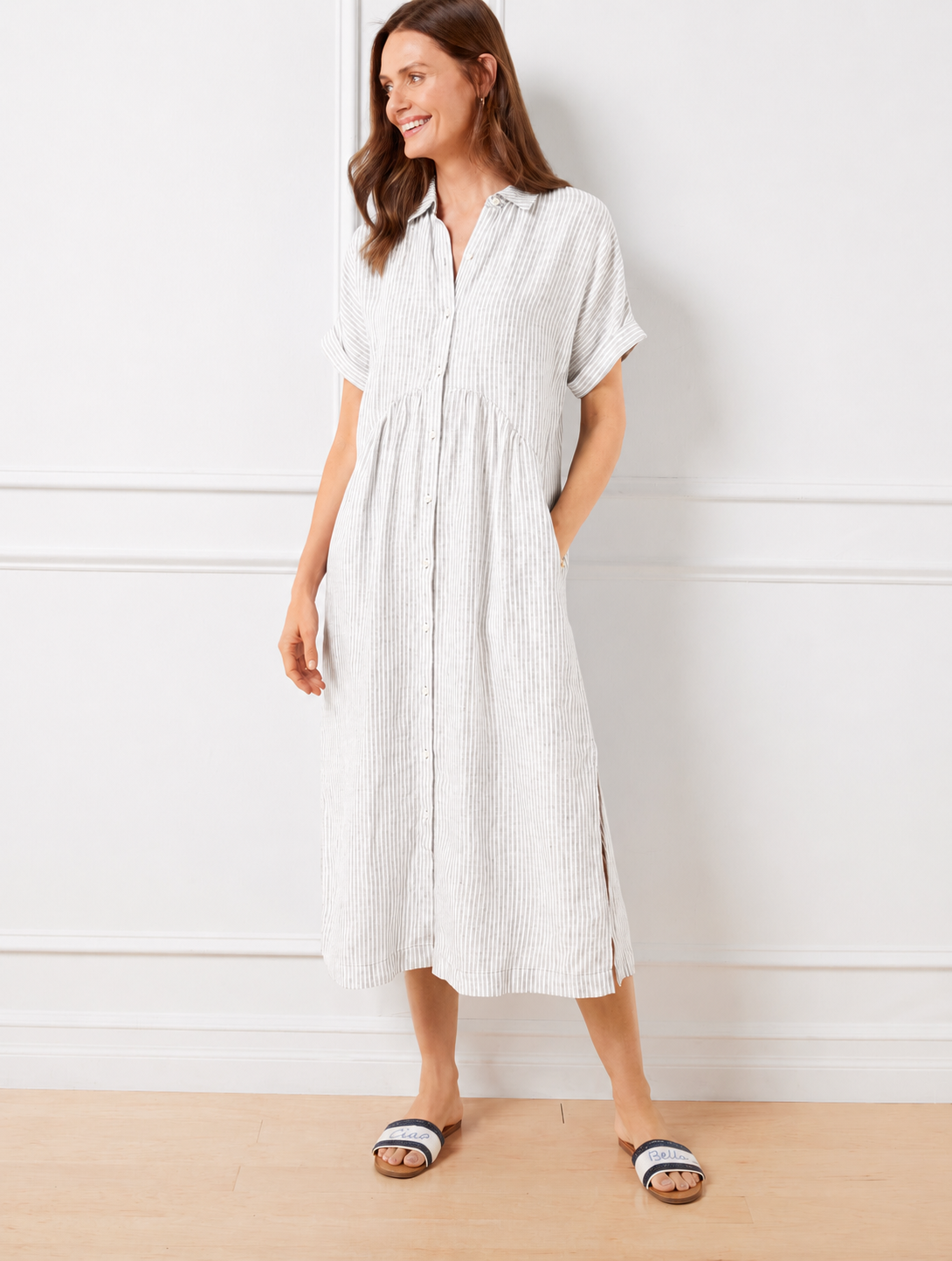 Women’s Striped Button-Down Midi Shirt Dress