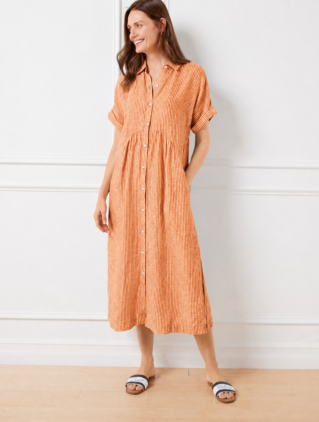 Women’s Striped Button-Down Midi Shirt Dress