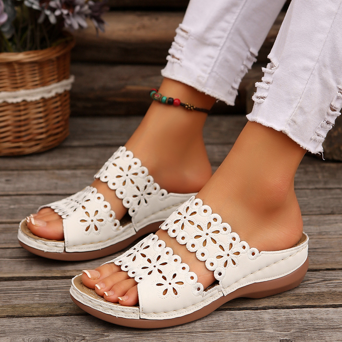 Hollow Embroidery Platform Slides with Built-In Arch Support & Slip On Convenience