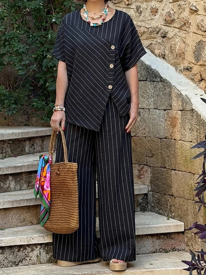 Striped Two-Piece Set in Khaki – relaxed casual style