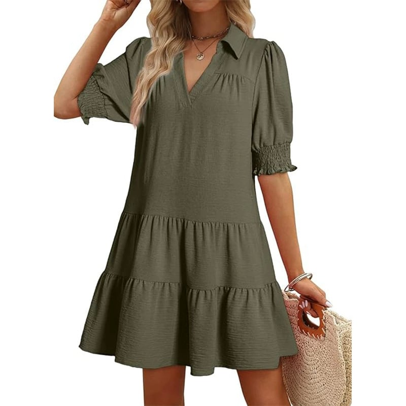 Casual Dresses for Women Lapel Collared V Neck Mid Sleeved Pleated Summer Dresses for Women 2026 Midi Dresses[Buy 2 Free Shipping]