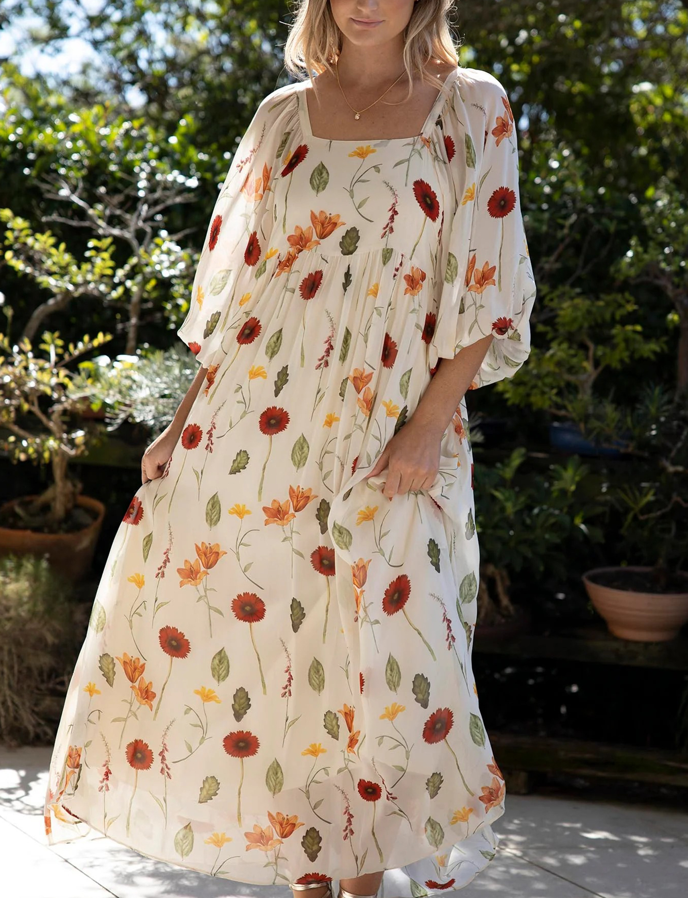 [Copy]New Arrivals🔥 Women's Printed V-Neck Bat Long Sleeve Dress Midi Length  Casual Regular