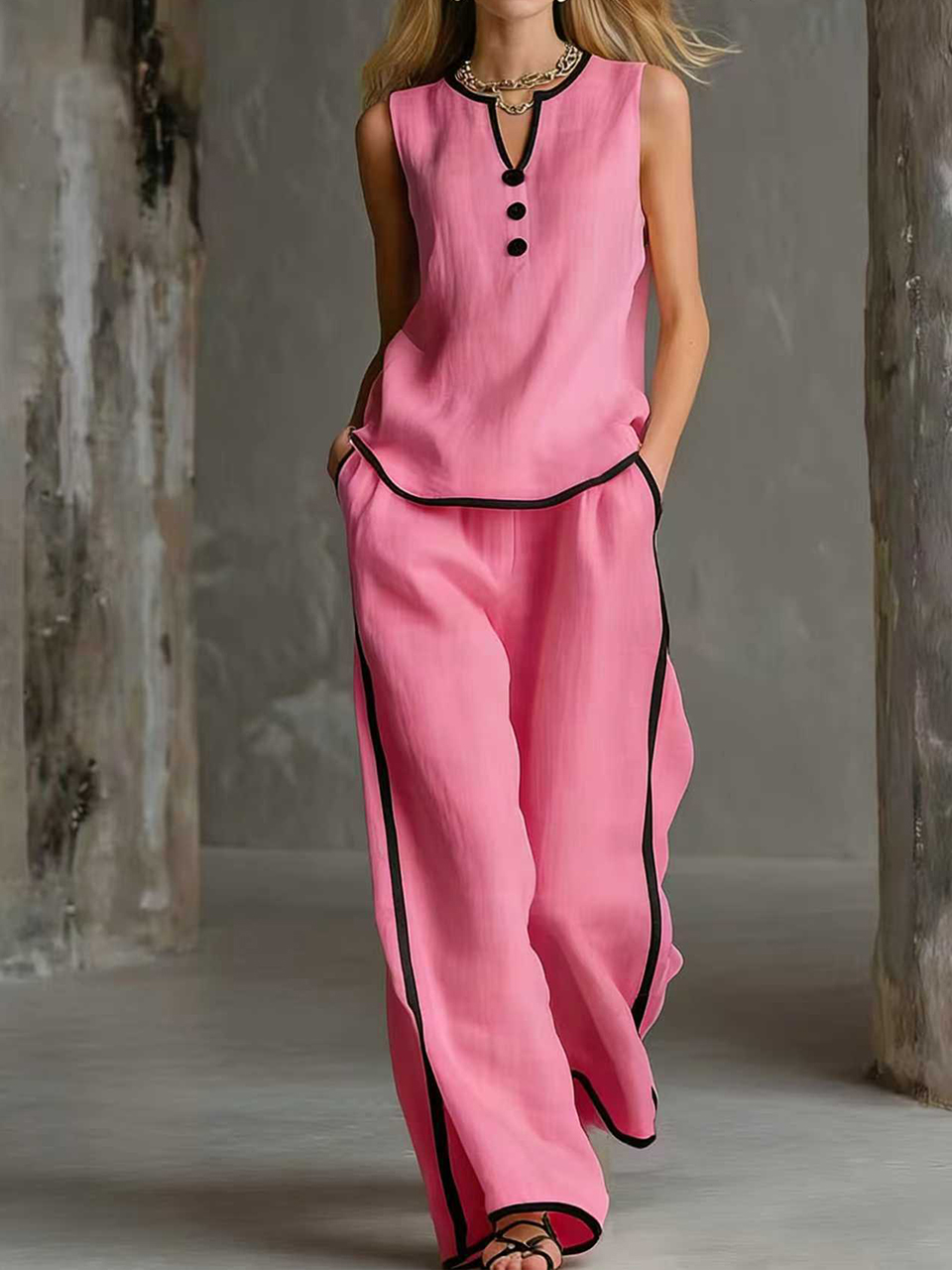 Cozy Black-trimmed Linen And Cotton Sleeveless Top And Pants Two-piece Set