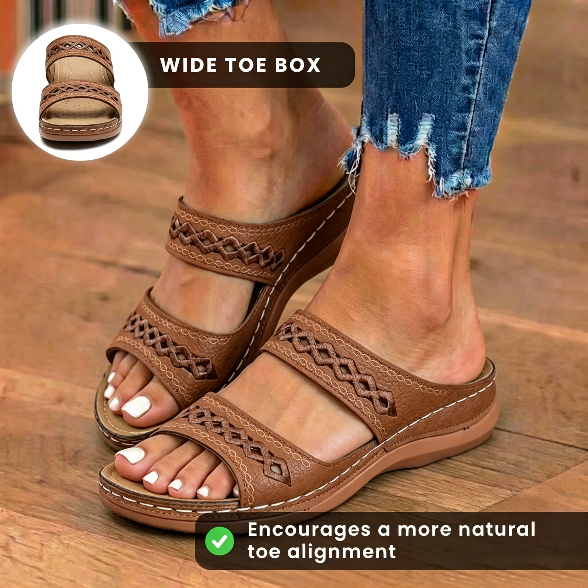 Orthopedic Leather Braided Slide Sandals - Triple Strap Woven Detail