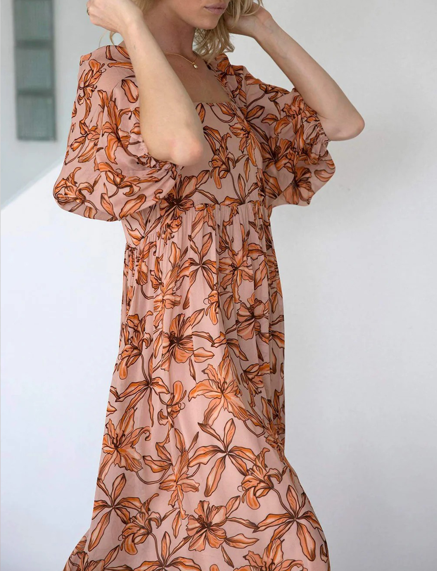 [Copy]New Arrivals🔥 Women's Printed V-Neck Bat Long Sleeve Dress Midi Length  Casual Regular