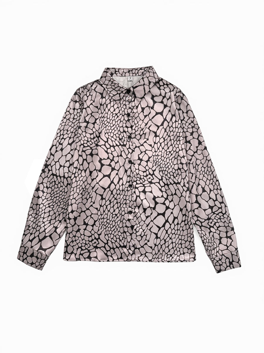 Long Sleeves Loose Buttoned Contrast Color Snakeskin Printed Lapel Blouses&Shirts Tops