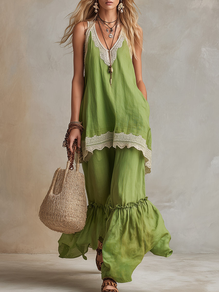 Vibrant Green Cotton-Linen Top And Wide-Leg Pants Set