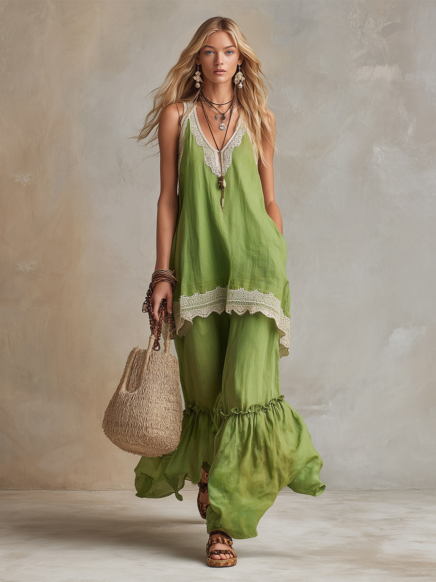 Vibrant Green Cotton-Linen Top And Wide-Leg Pants Set