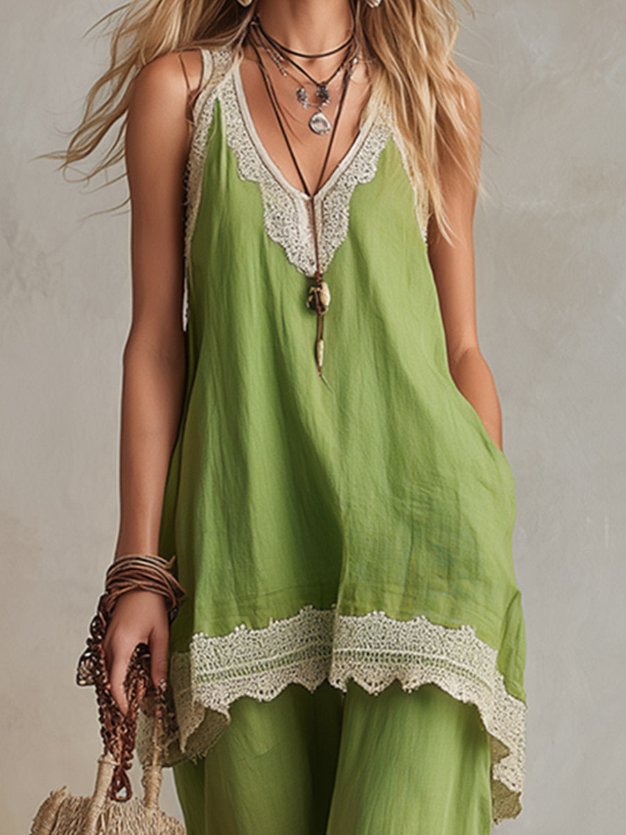 Vibrant Green Cotton-Linen Top And Wide-Leg Pants Set
