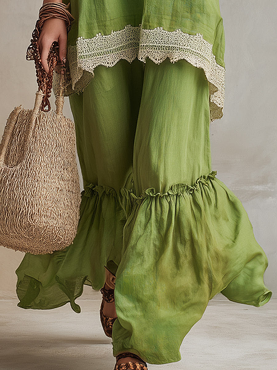 Vibrant Green Cotton-Linen Top And Wide-Leg Pants Set