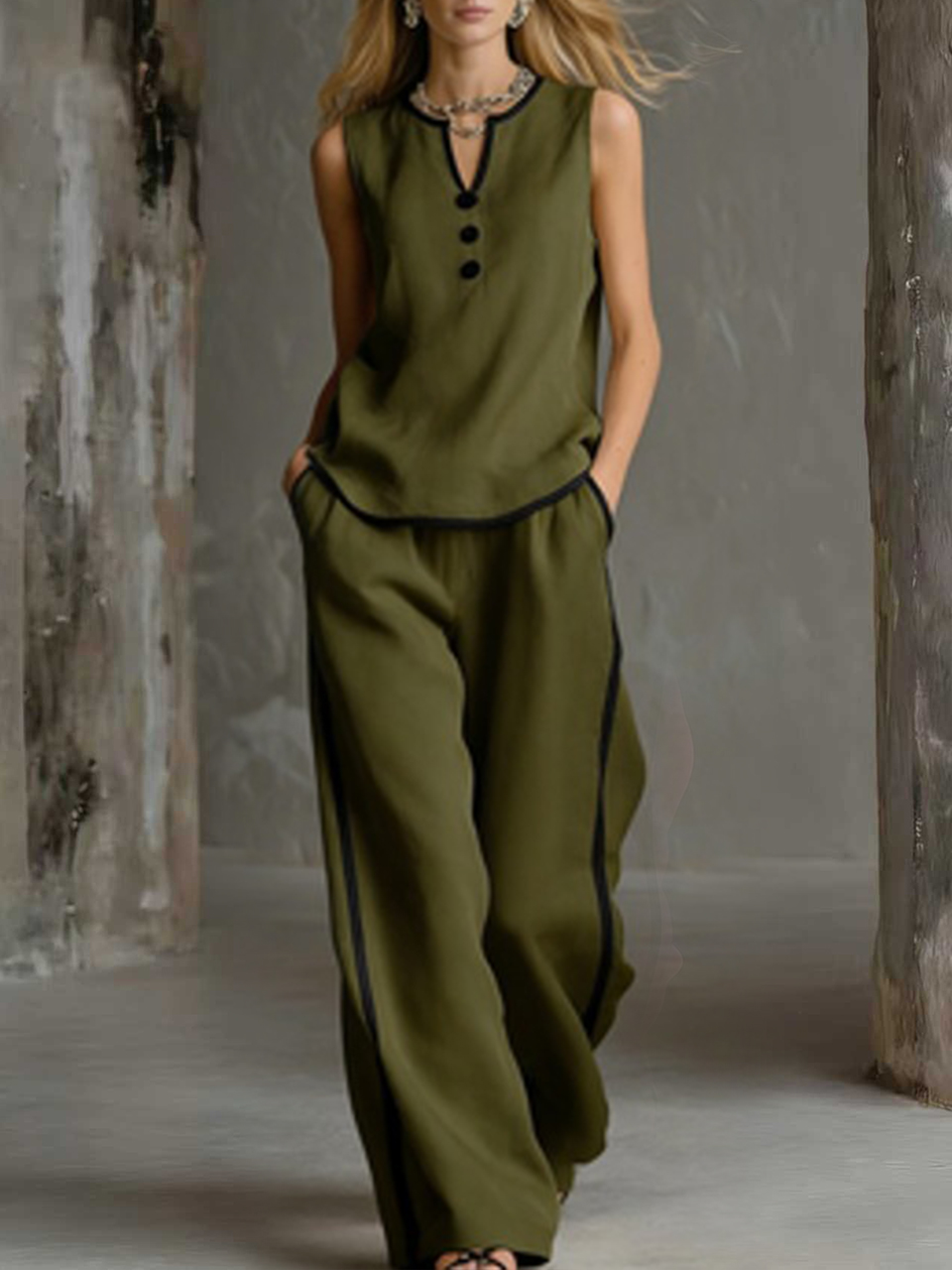 Cozy Black-trimmed Linen And Cotton Sleeveless Top And Pants Two-piece Set