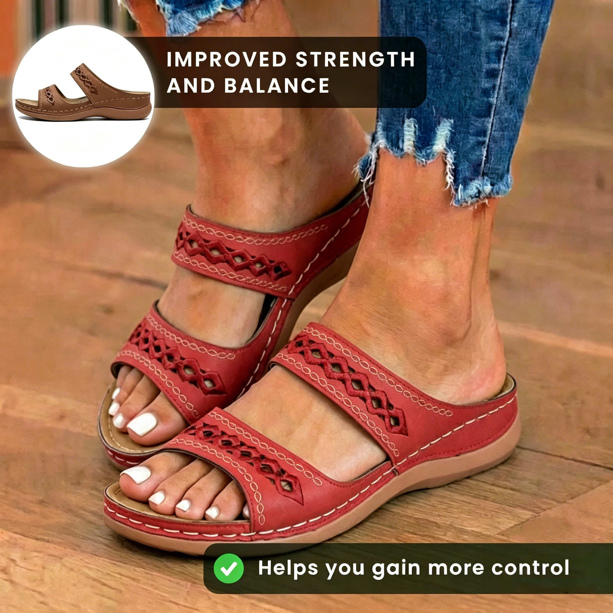 Orthopedic Leather Braided Slide Sandals - Triple Strap Woven Detail