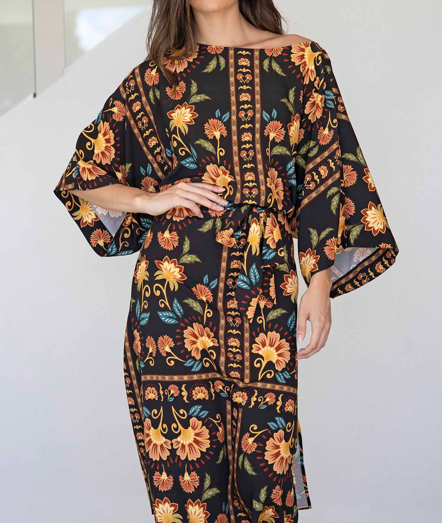 [Copy]New Arrivals🔥 Women's Printed V-Neck Bat Long Sleeve Dress Midi Length  Casual Regular