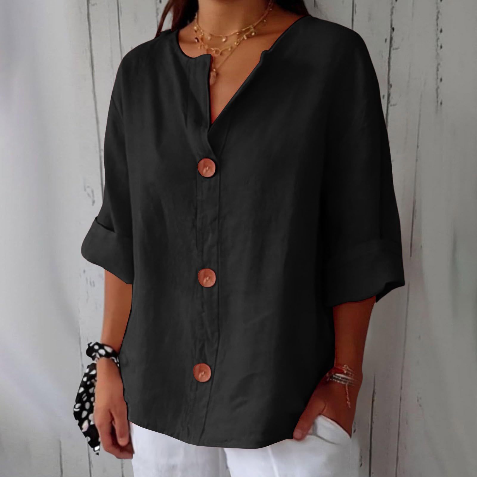 Women's V-Neck Cotton-Linen Button-Up Top