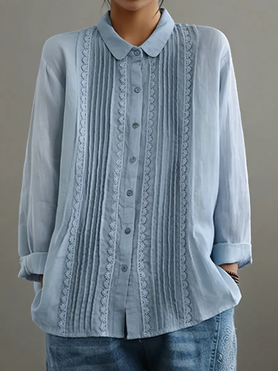 Women's Patchwork Lace Trim Linen And Cotton Pleated Shirt