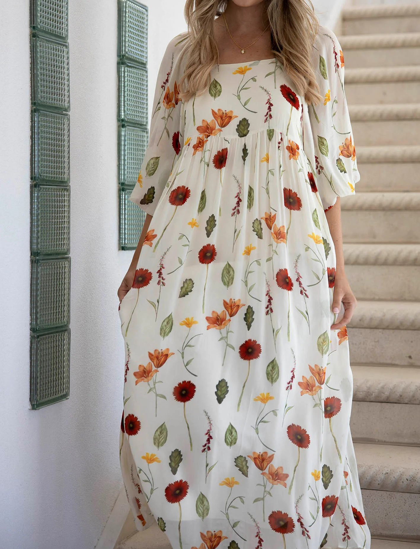 [Copy]New Arrivals🔥 Women's Printed V-Neck Bat Long Sleeve Dress Midi Length  Casual Regular