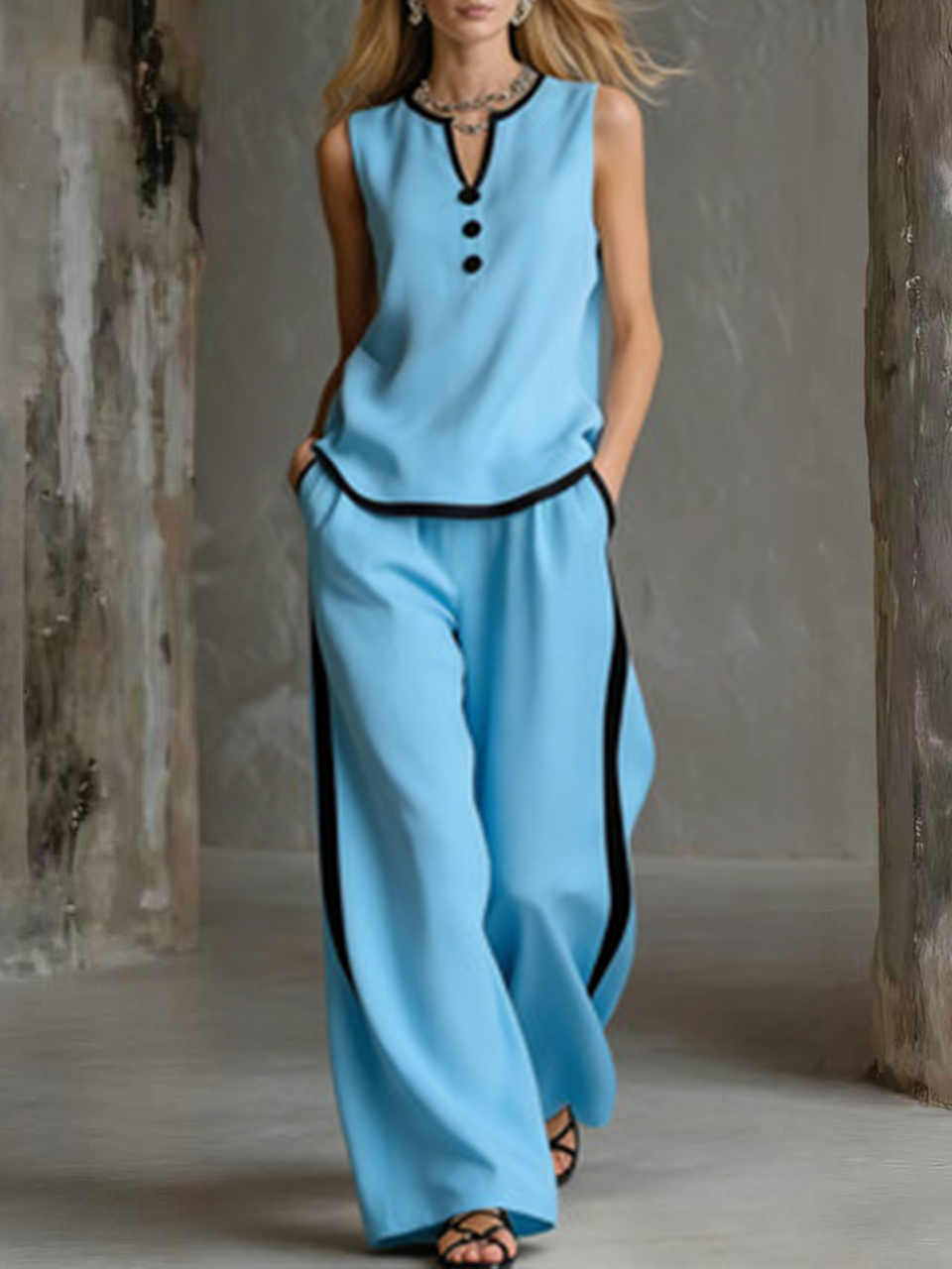 Cozy Black-trimmed Linen And Cotton Sleeveless Top And Pants Two-piece Set