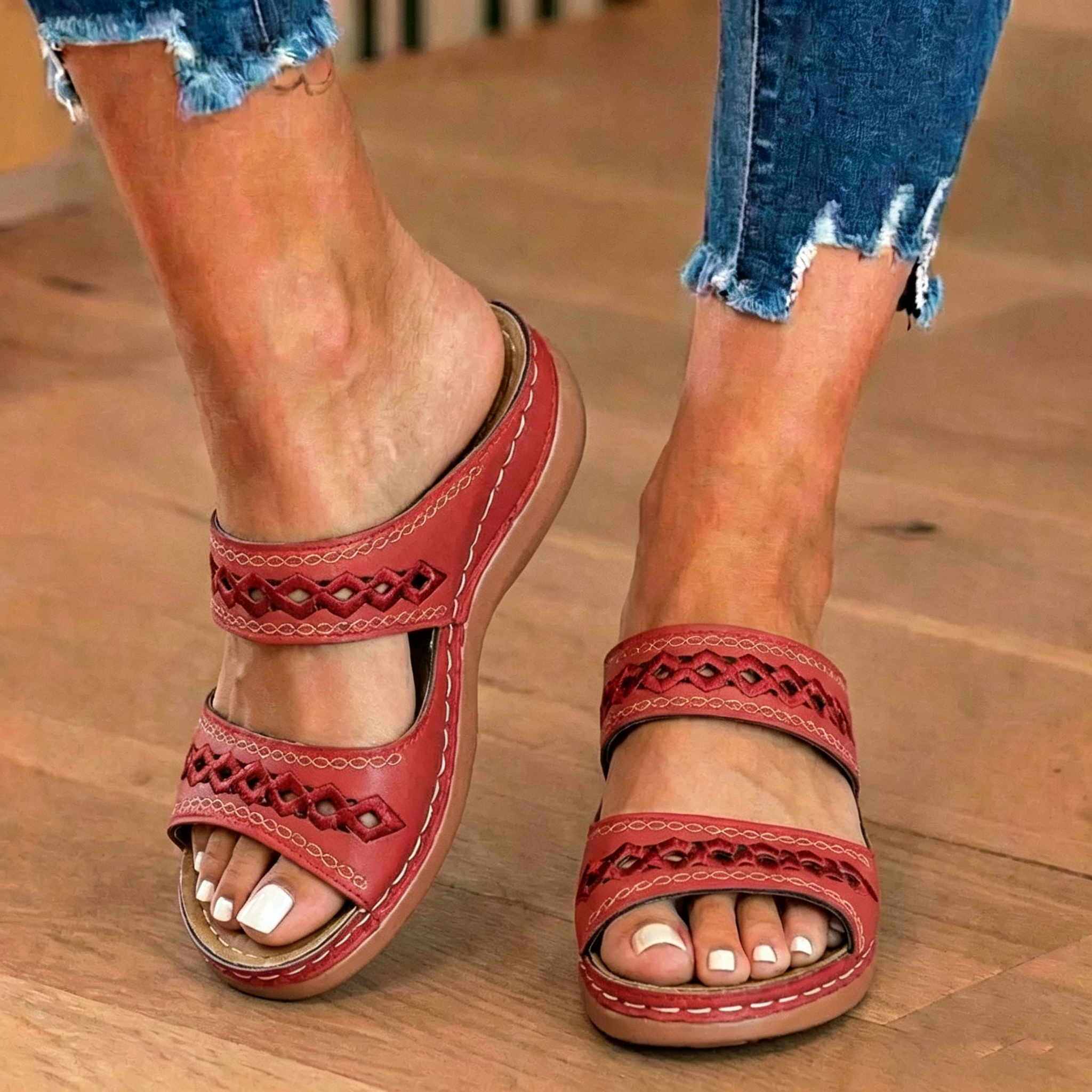 Orthopedic Leather Braided Slide Sandals - Triple Strap Woven Detail