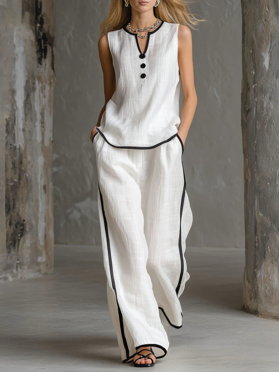 Cozy Black-trimmed Linen And Cotton Sleeveless Top And Pants Two-piece Set