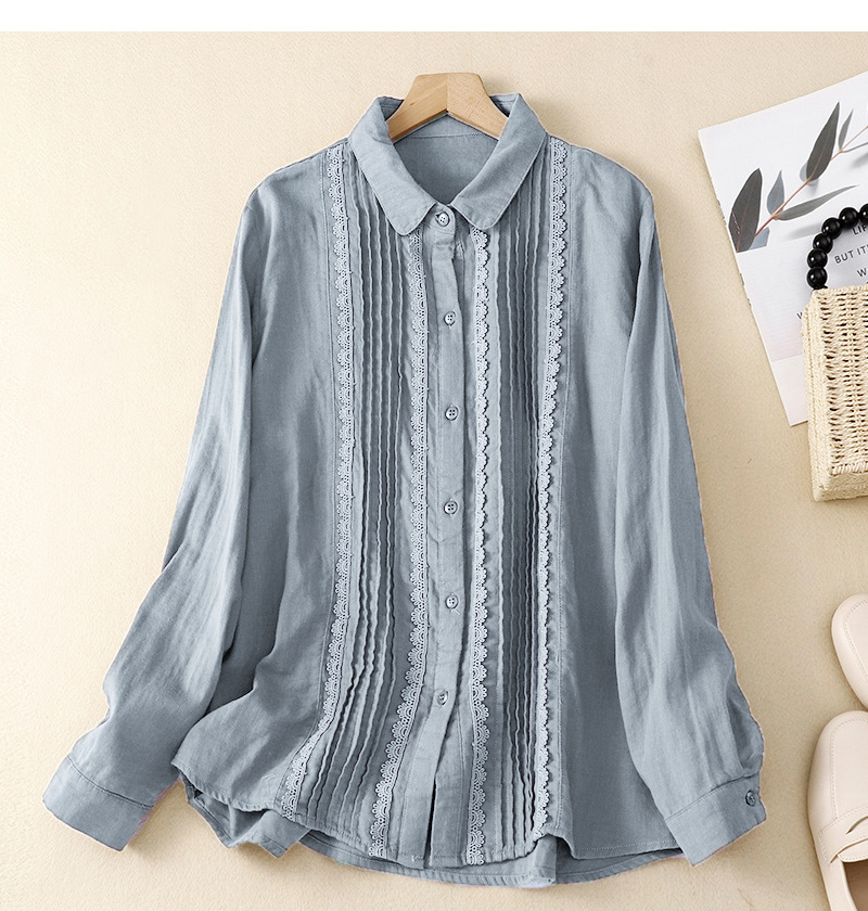Women's Patchwork Lace Trim Linen And Cotton Pleated Shirt