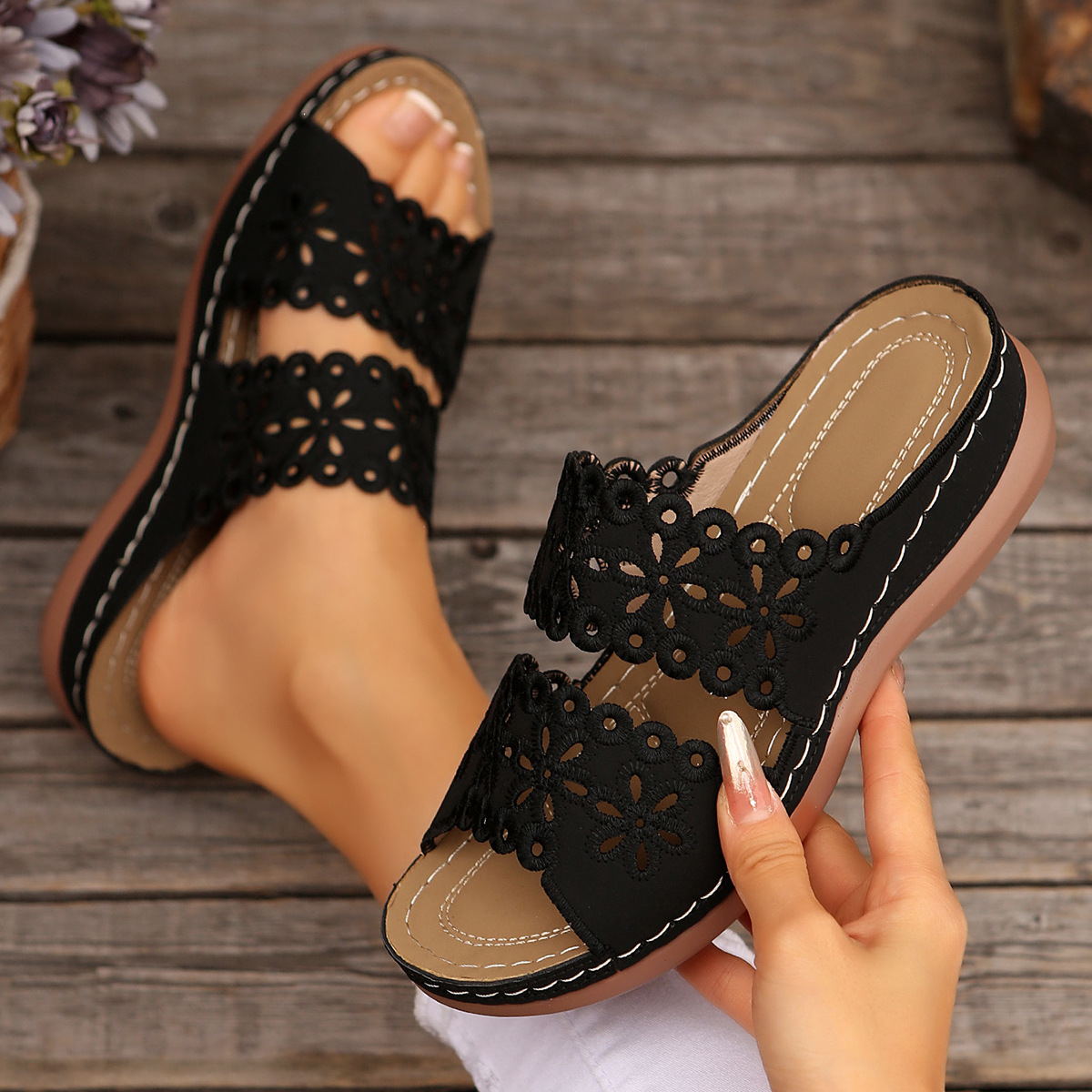 Hollow Embroidery Platform Slides with Built-In Arch Support & Slip On Convenience