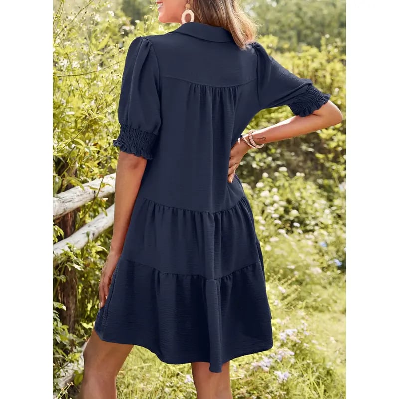 Casual Dresses for Women Lapel Collared V Neck Mid Sleeved Pleated Summer Dresses for Women 2026 Midi Dresses[Buy 2 Free Shipping]