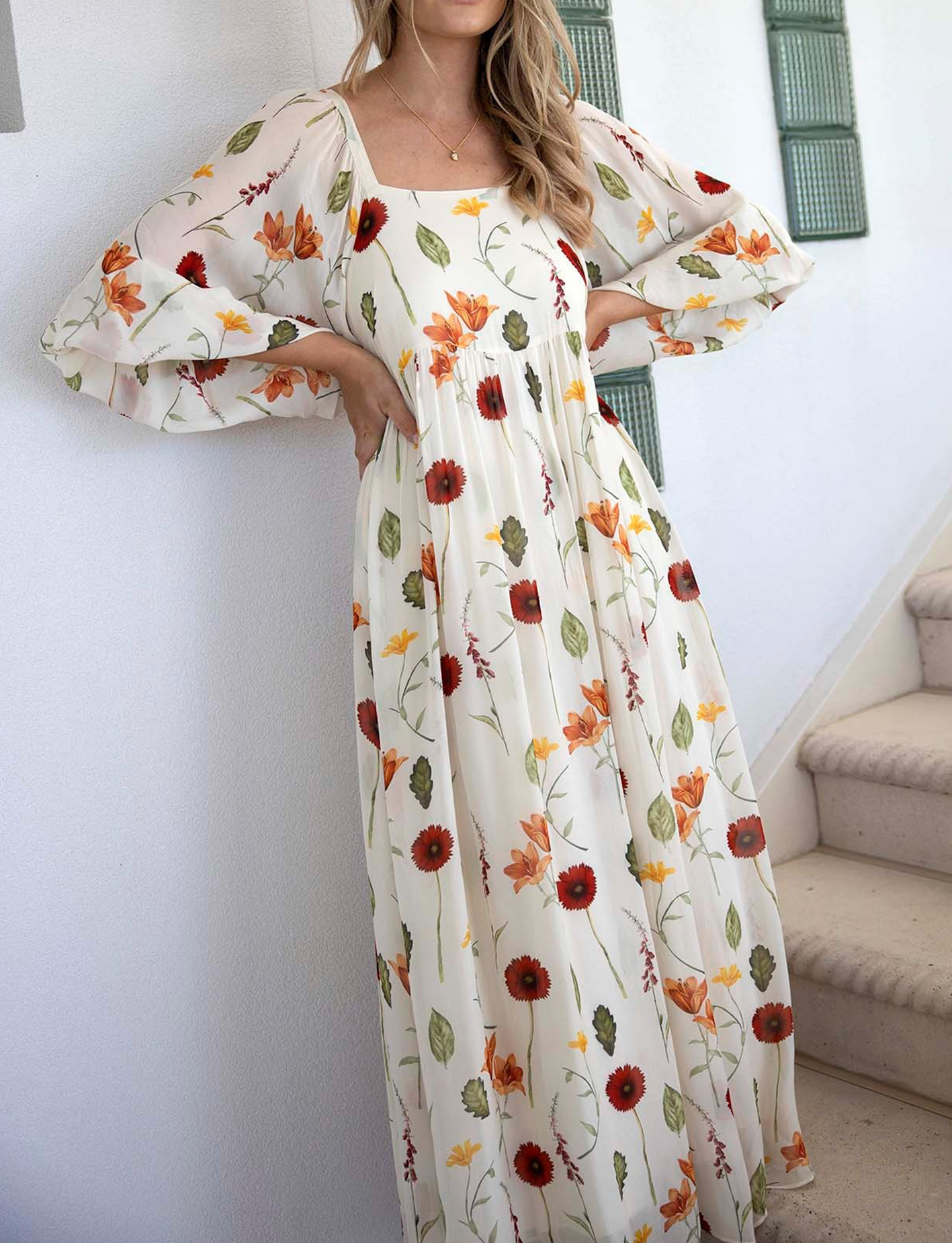 [Copy]New Arrivals🔥 Women's Printed V-Neck Bat Long Sleeve Dress Midi Length  Casual Regular