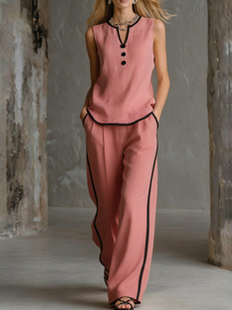Cozy Black-trimmed Linen And Cotton Sleeveless Top And Pants Two-piece Set