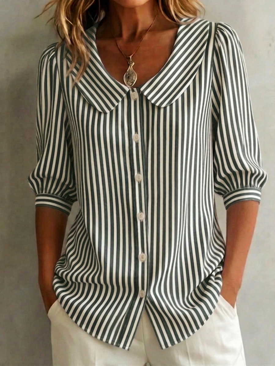 New Arrivals🔥 Women's Retro Peter Pan Collar Striped Cotton Linen Shirt