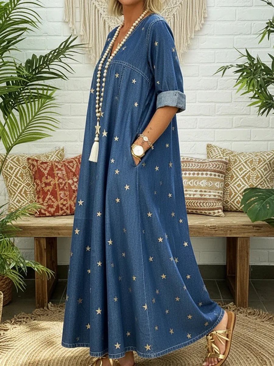 A-Line Long Sleeves Pleated Pockets Printed Split-Joint V-Neck Maxi Dresses