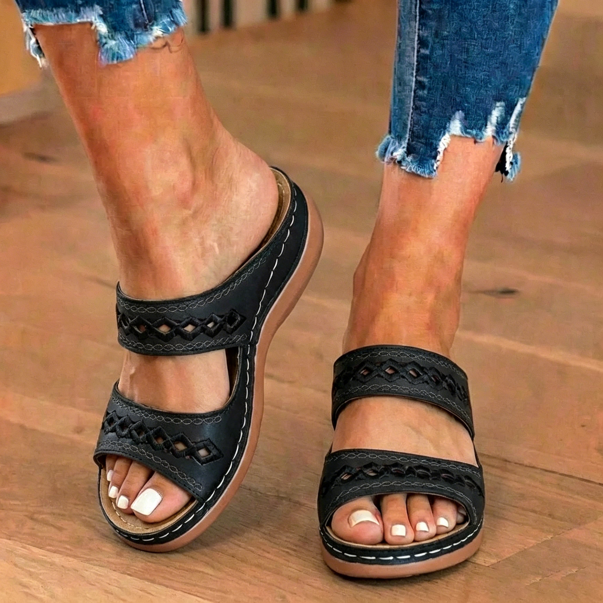 Orthopedic Leather Braided Slide Sandals - Triple Strap Woven Detail