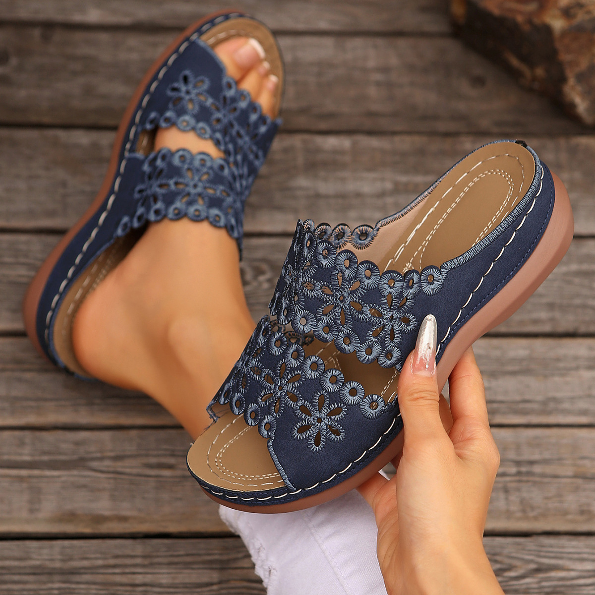Hollow Embroidery Platform Slides with Built-In Arch Support & Slip On Convenience