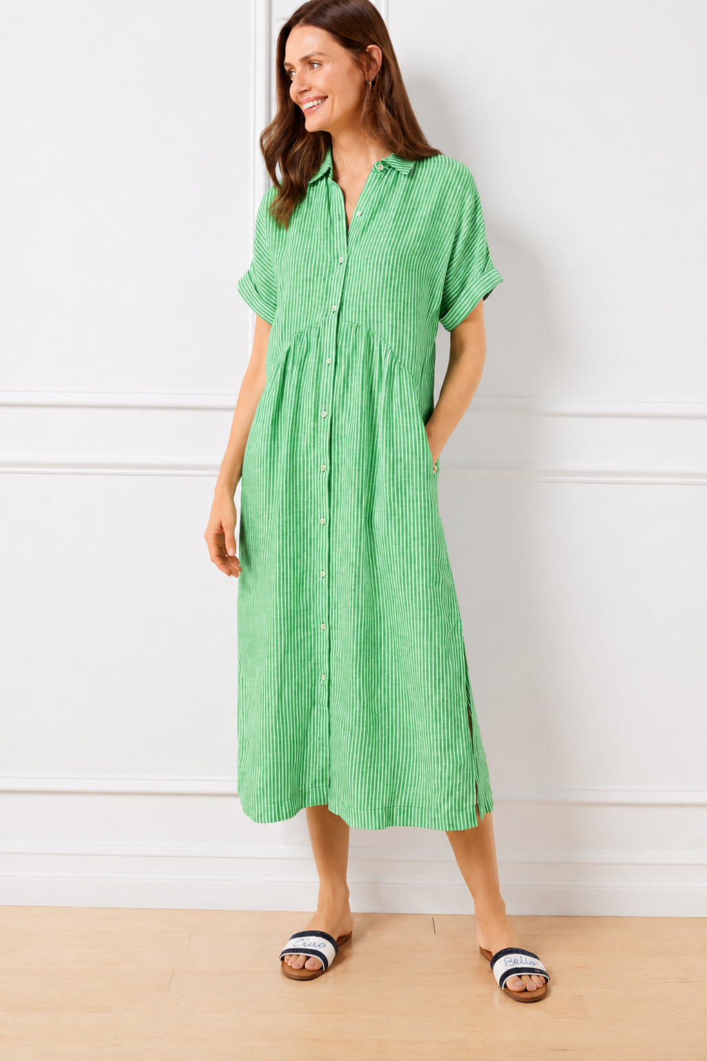 Women’s Striped Button-Down Midi Shirt Dress
