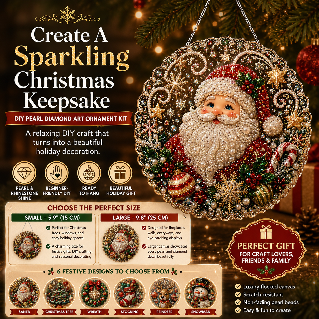 🎄 Premium Christmas Pearl Diamond Art Ornament Kit | DIY Holiday Hanging Decor