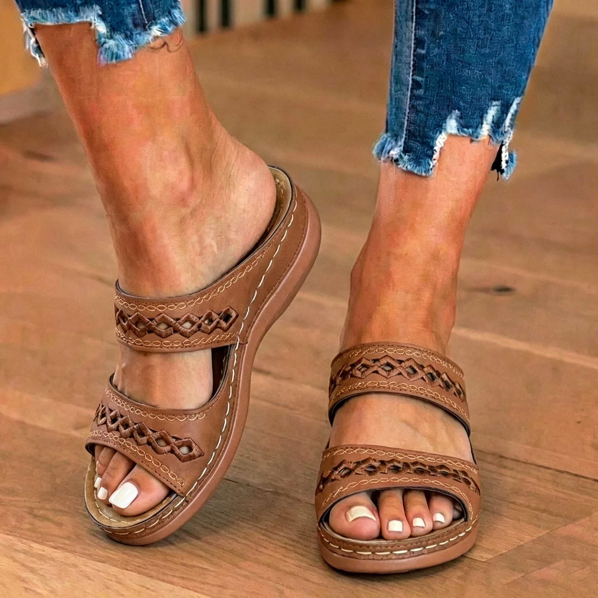 Orthopedic Leather Braided Slide Sandals - Triple Strap Woven Detail