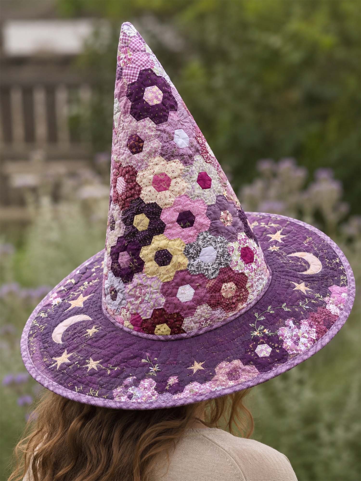 Hexagon Patchwork Celestial Handcrafted Quilted Witch Hat