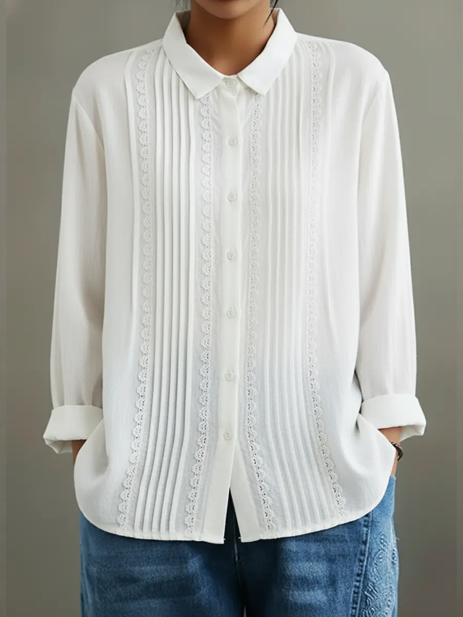 Women's Patchwork Lace Trim Linen And Cotton Pleated Shirt