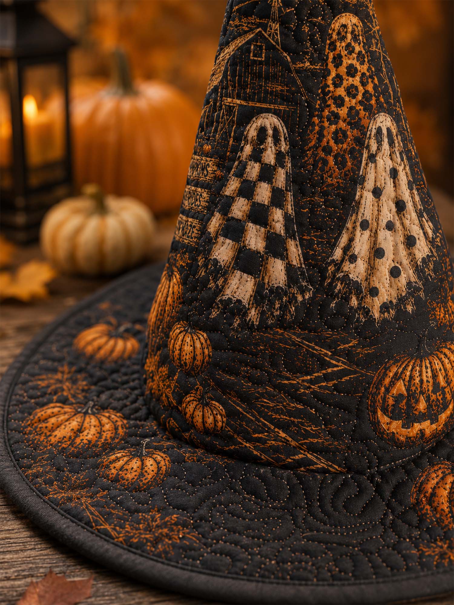 Gothic Halloween Haunted Pumpkin Handcrafted Quilted Witch Hat