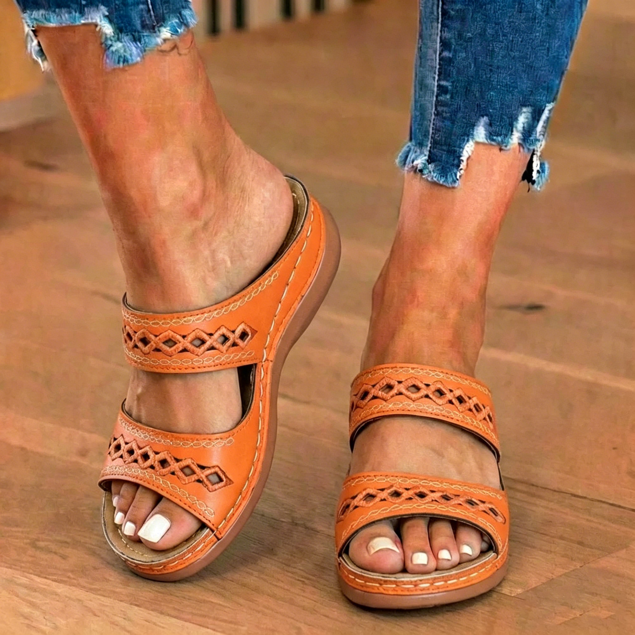 Orthopedic Leather Braided Slide Sandals - Triple Strap Woven Detail
