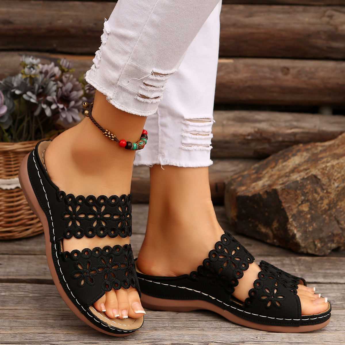 Hollow Embroidery Platform Slides with Built-In Arch Support & Slip On Convenience