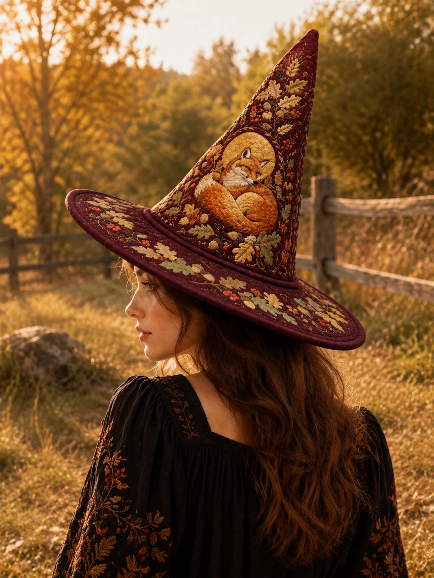 Autumn Fox Woodland Cottage Handcrafted Quilted Witch Hat