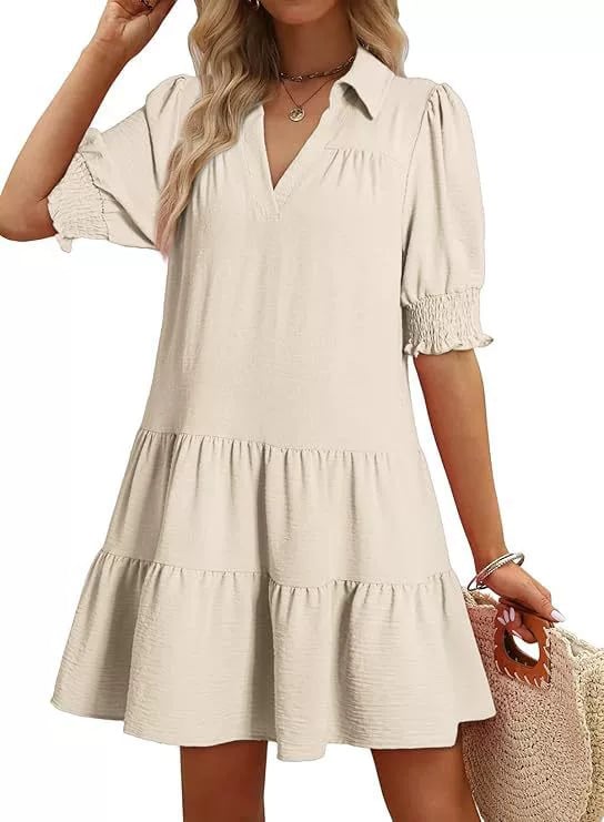 Casual Dresses for Women Lapel Collared V Neck Mid Sleeved Pleated Summer Dresses for Women 2026 Midi Dresses[Buy 2 Free Shipping]