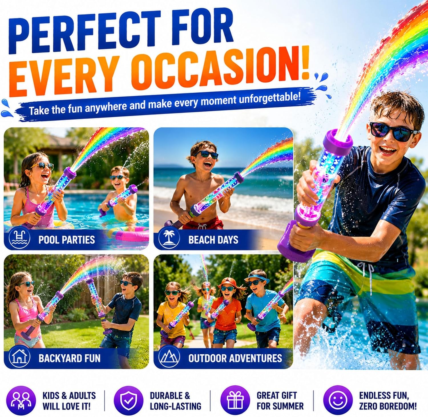 2026 New Glowing Rainbow LED Water Blaster, Summer Fun That Pops Like Magic, Pull-Push Firework Water Blaster, Rainbow Water Gun for Pool Party Outdoor Summer Water Games (1pcs)