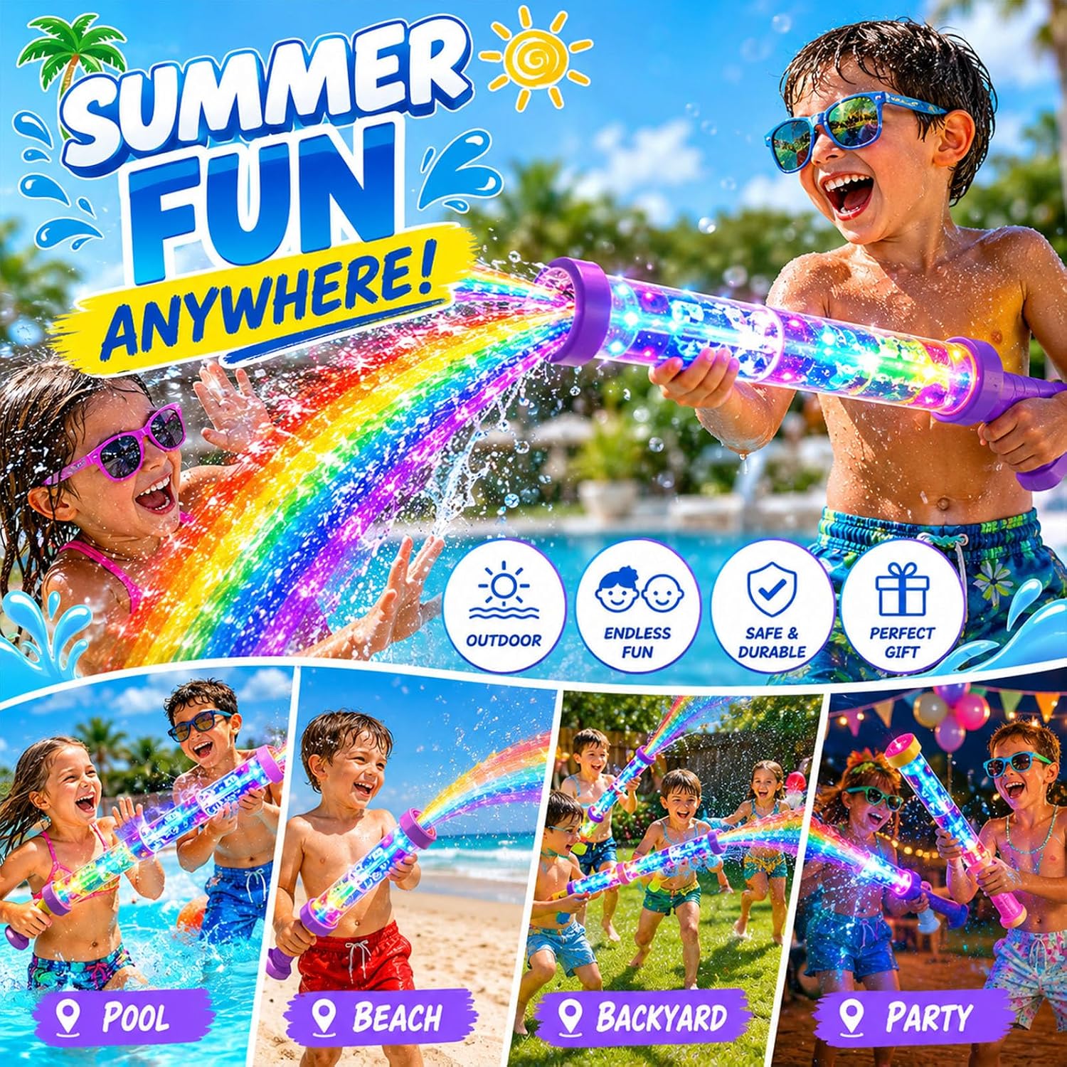 2026 New Glowing Rainbow LED Water Blaster, Summer Fun That Pops Like Magic, Pull-Push Firework Water Blaster, Rainbow Water Gun for Pool Party Outdoor Summer Water Games (1pcs)