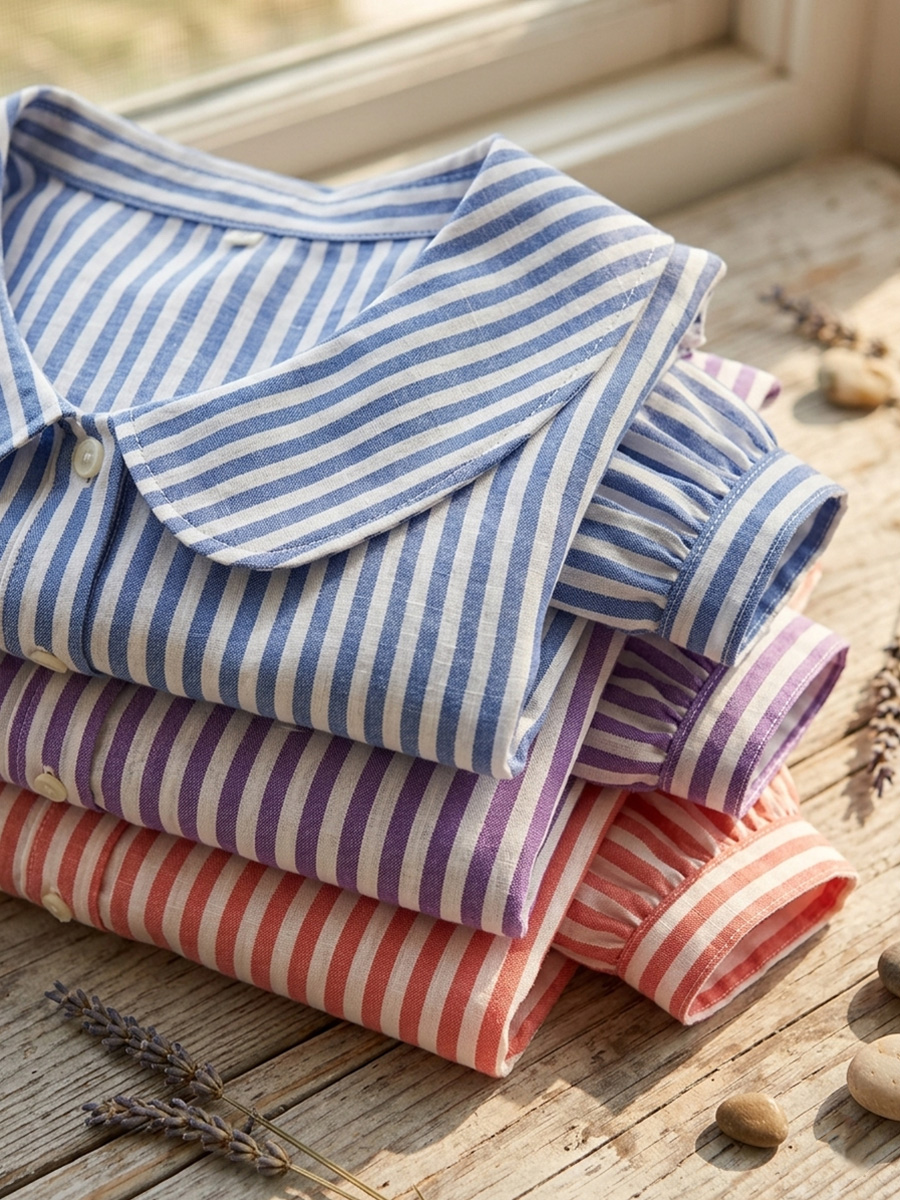 New Arrivals🔥 Women's Retro Peter Pan Collar Striped Cotton Linen Shirt