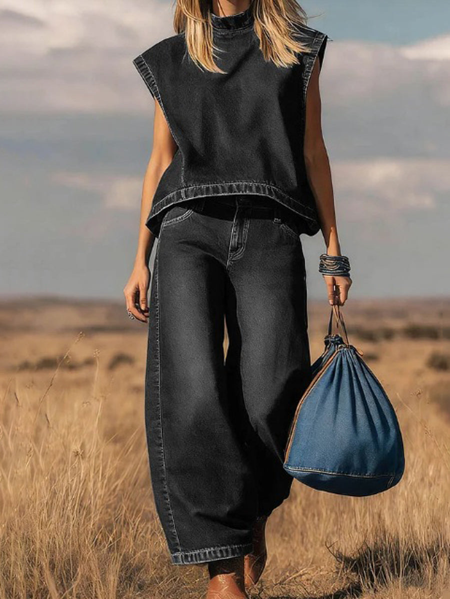 High Waisted Loose Pockets Solid Color Mock Neck Suits Vest Top + Pants Bottom Two Pieces Set